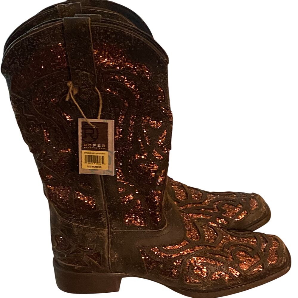 Roper Cowboy Western Boot, Women, 9.5, Leather. Glitter Inlay, Square Toe, NWT